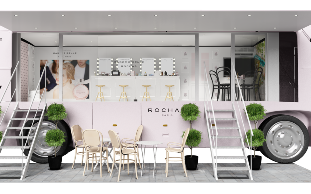 Escenografia diseno autobus road-show Mademoiselle Rochas